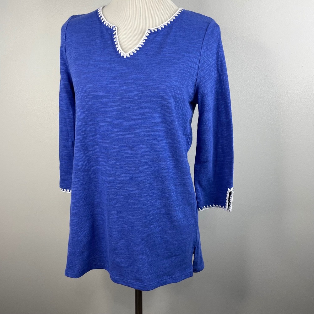 Talbots Petites Blue Cotton Linen Crochet Trim Tunic Top SP Small Petite